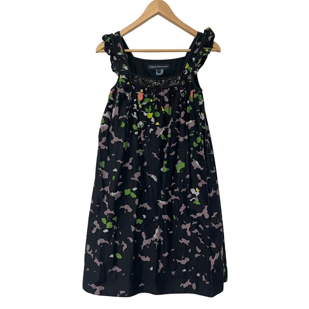 French Connection Cotton Mini Dress Sleeveless Navy Blue with Sequins Size 2